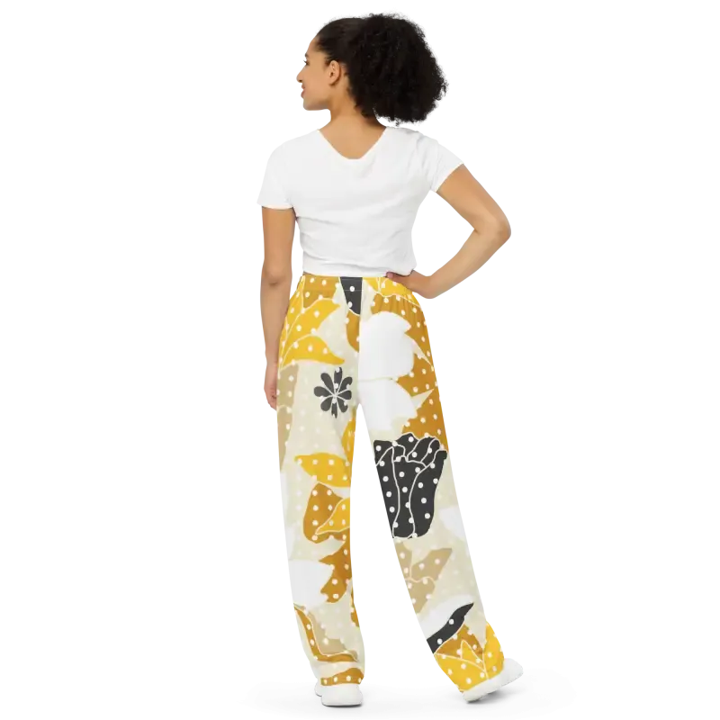 Floral Fantasy Wide Leg Pants with Yellow Flowers