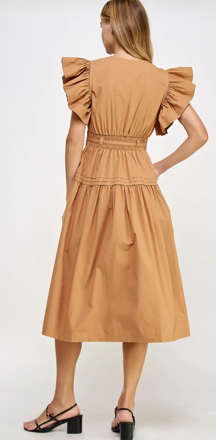 Francine Flutter Sleeve Poplin Midi Dress: Emerald