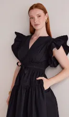Francine Flutter Sleeve Poplin Midi Dress: Emerald
