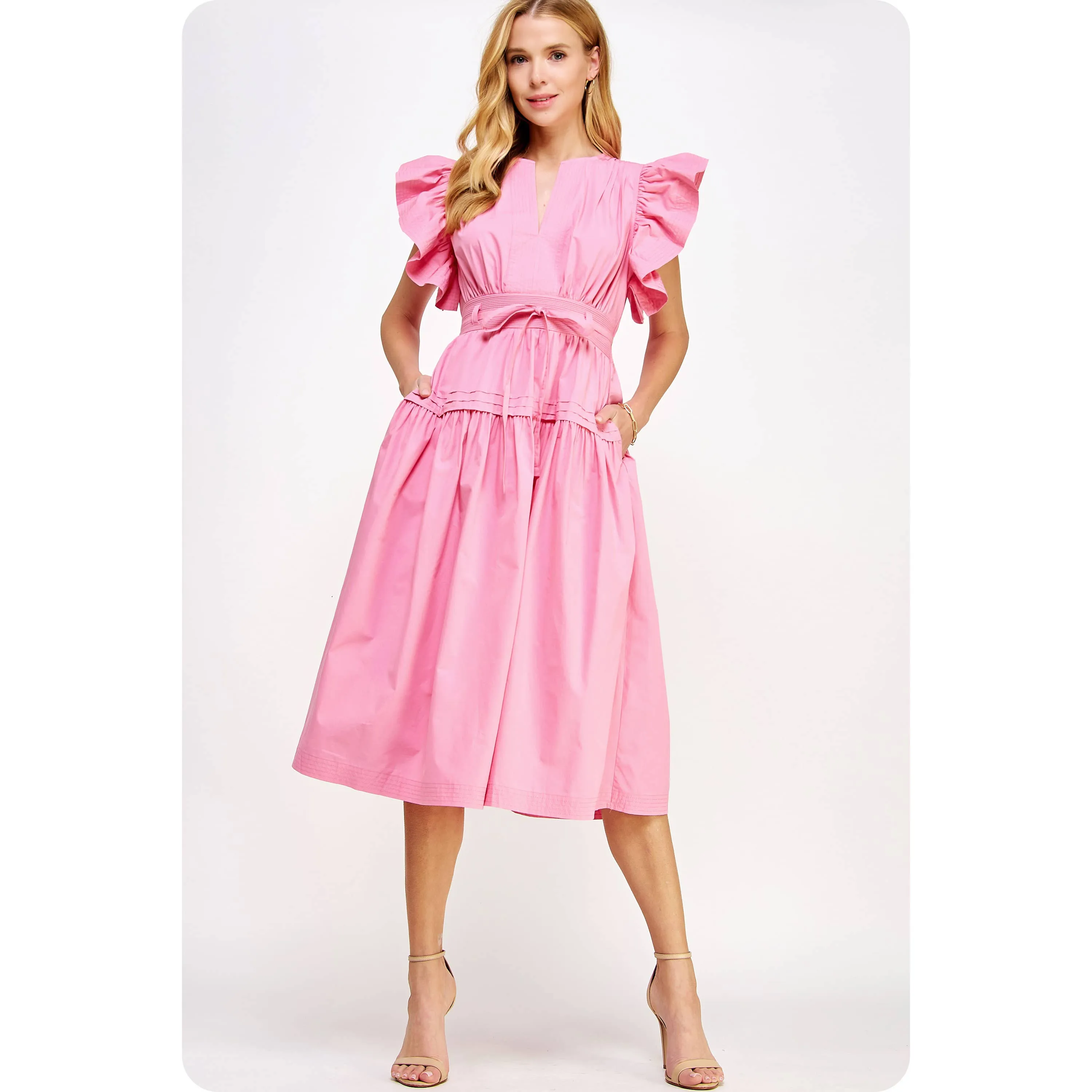 Francine Flutter Sleeve Poplin Midi Dress: Emerald