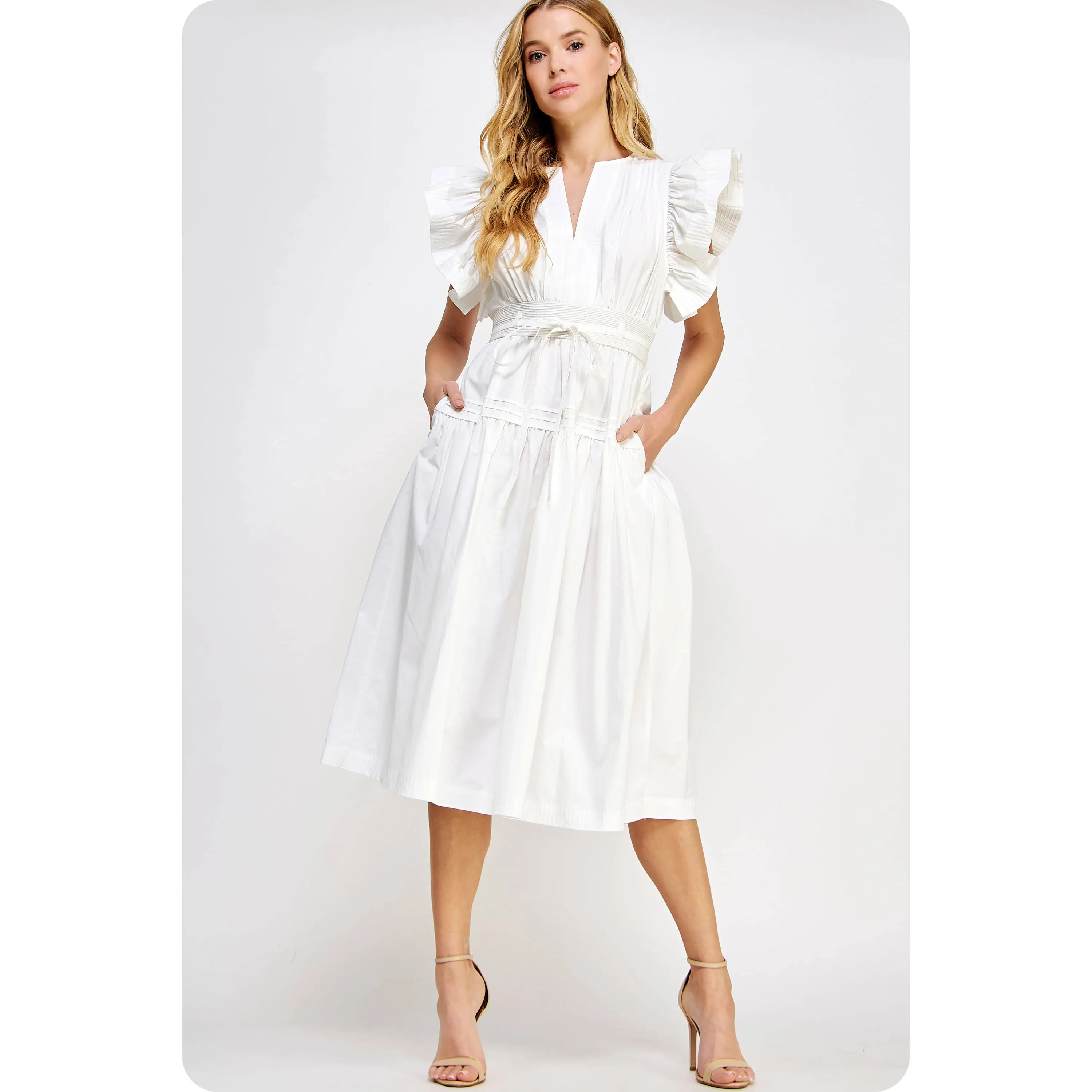 Francine Flutter Sleeve Poplin Midi Dress: Emerald