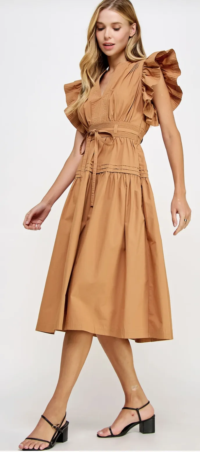 Francine Flutter Sleeve Poplin Midi Dress: Emerald