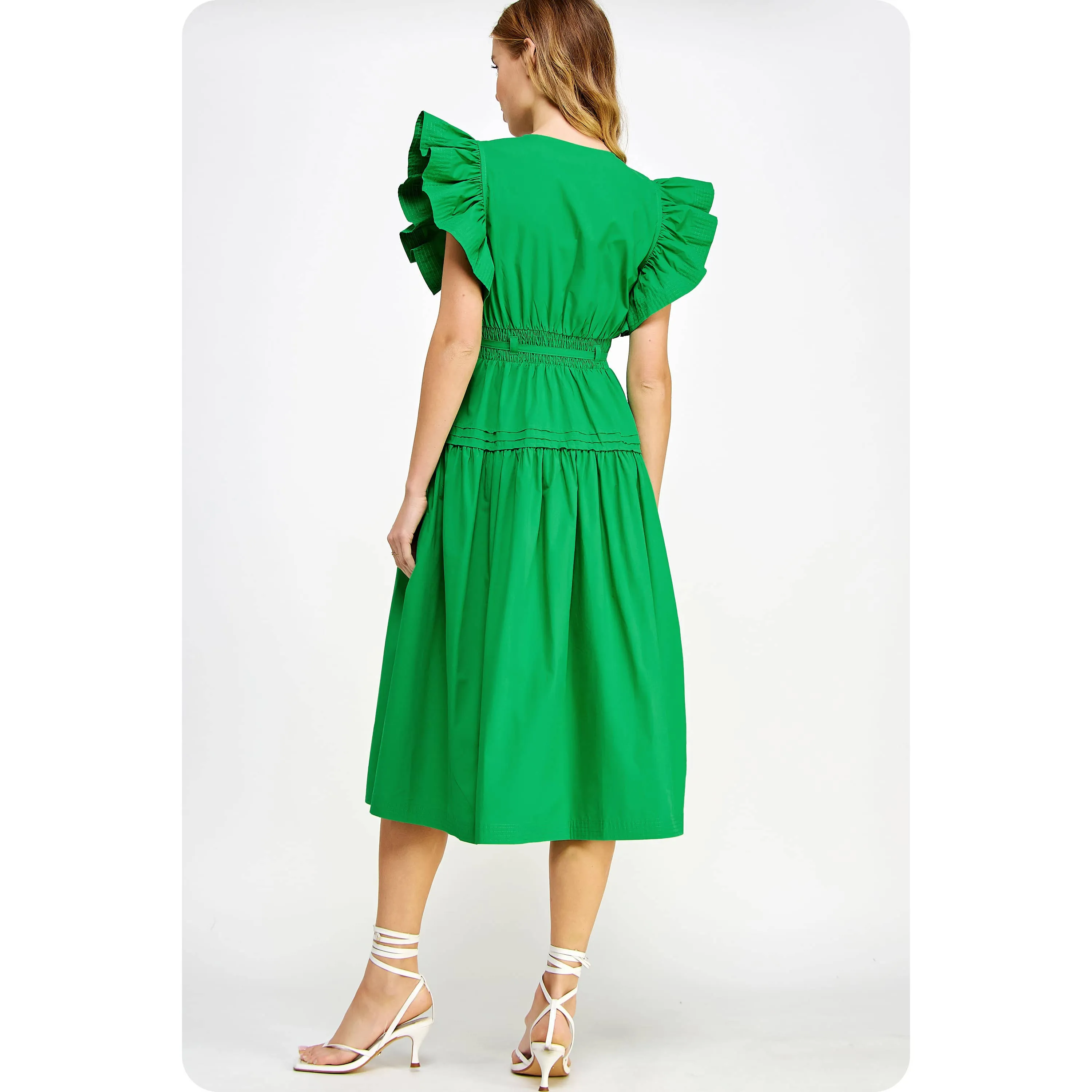 Francine Flutter Sleeve Poplin Midi Dress: Emerald