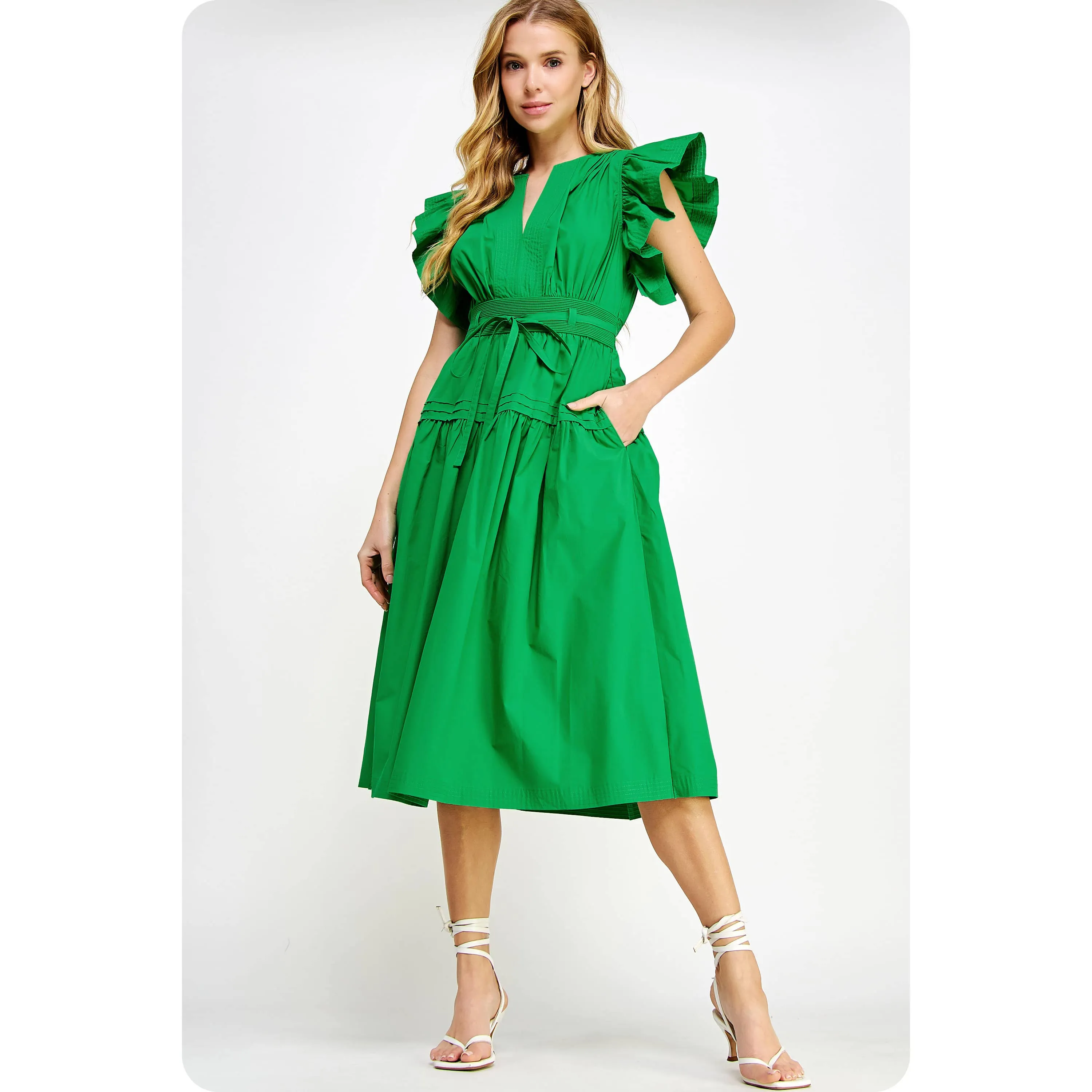 Francine Flutter Sleeve Poplin Midi Dress: Emerald