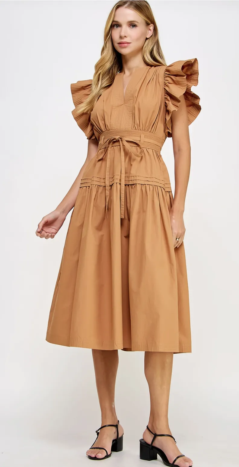 Francine Flutter Sleeve Poplin Midi Dress: Emerald