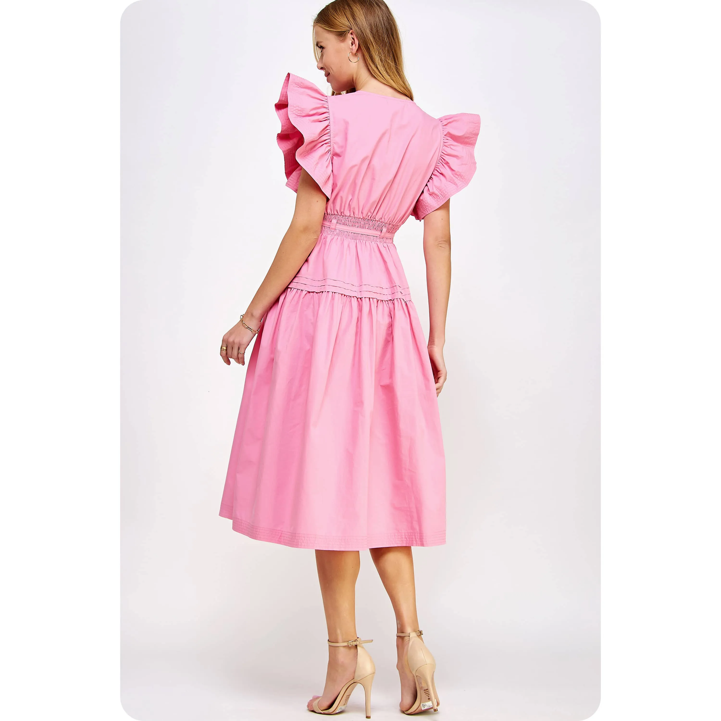 Francine Flutter Sleeve Poplin Midi Dress: Emerald