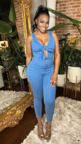 Front-Tie Denim Jumpsuit - Medium Wash
