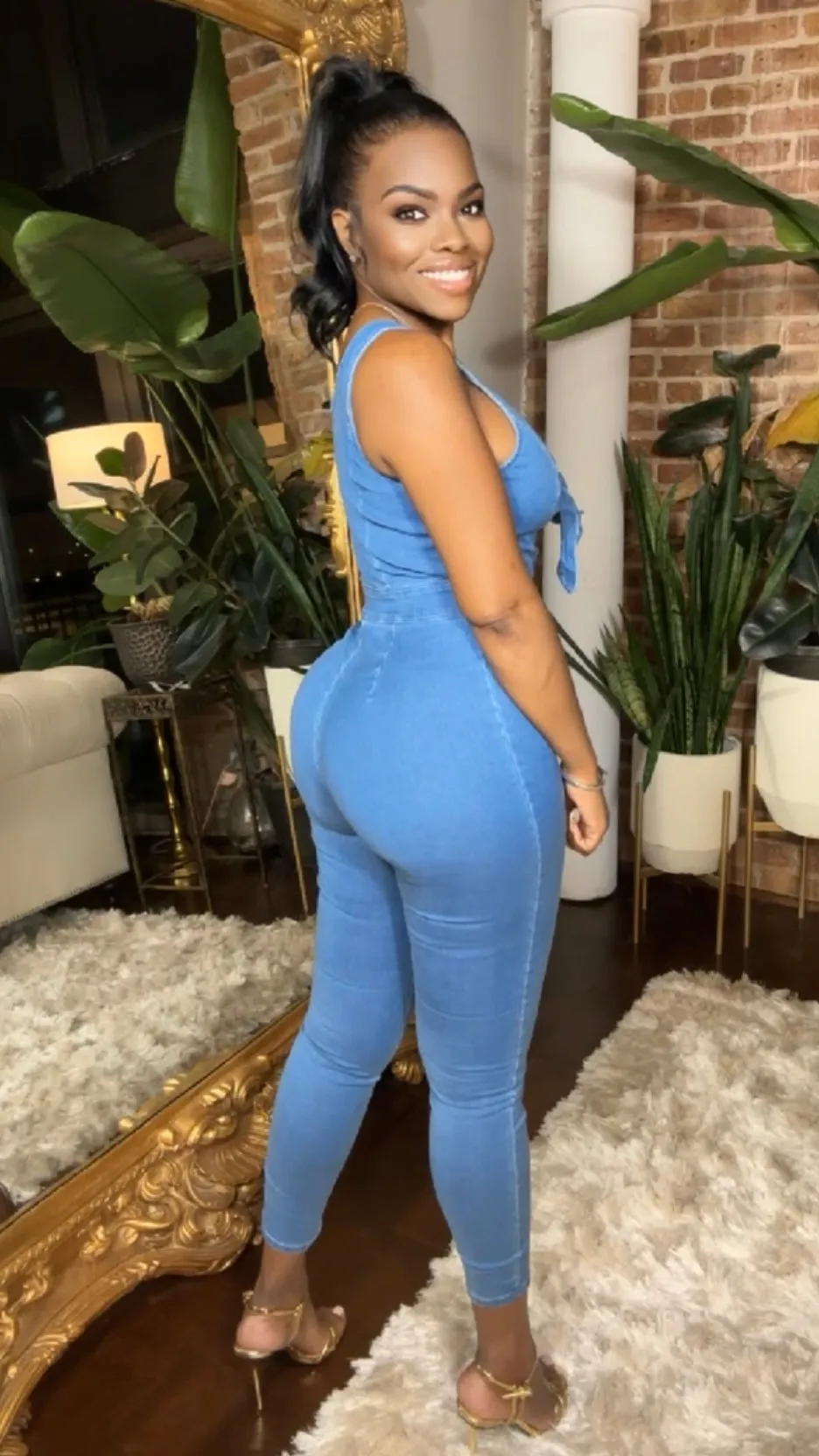 Front-Tie Denim Jumpsuit - Medium Wash