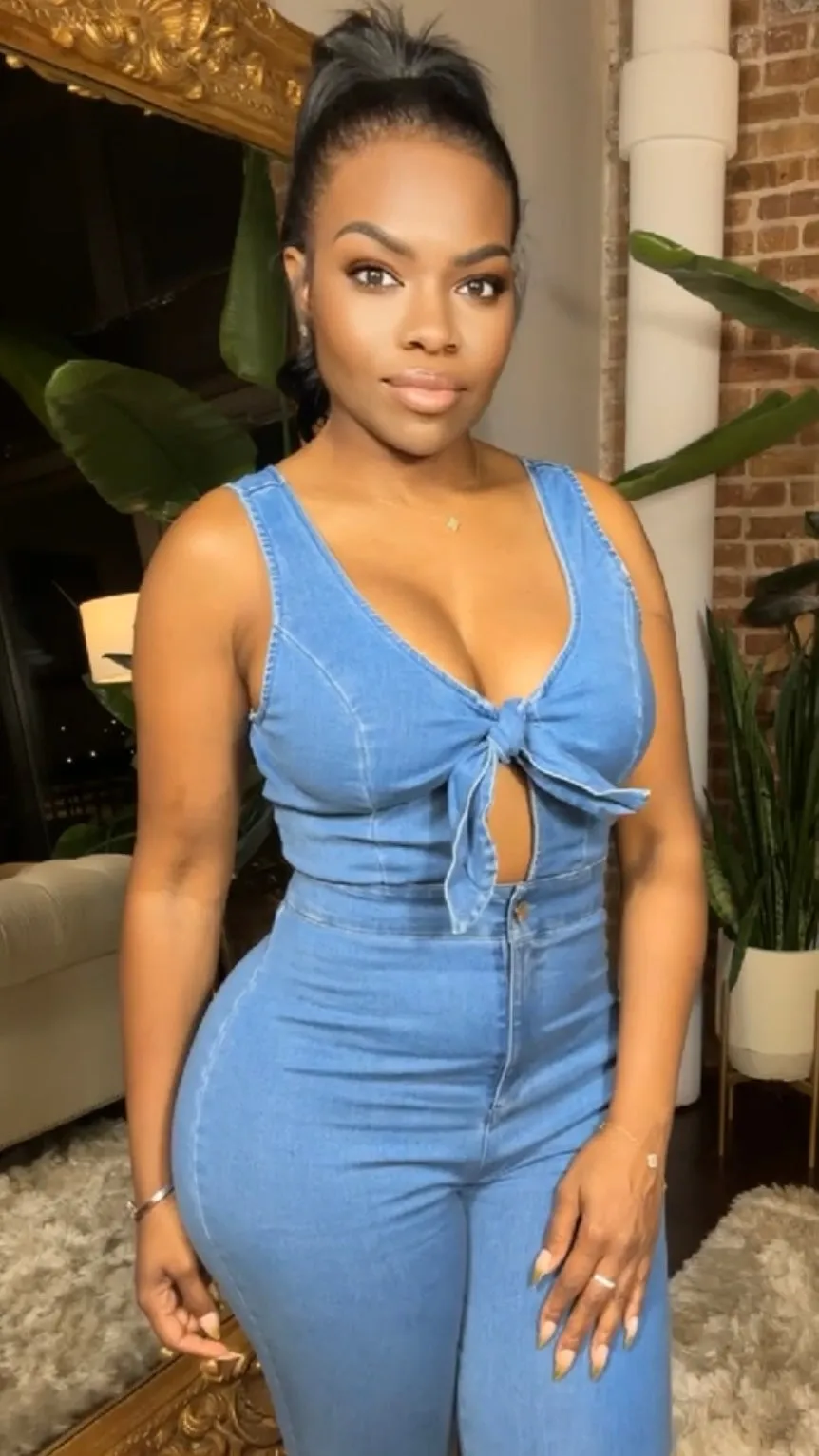 Front-Tie Denim Jumpsuit - Medium Wash