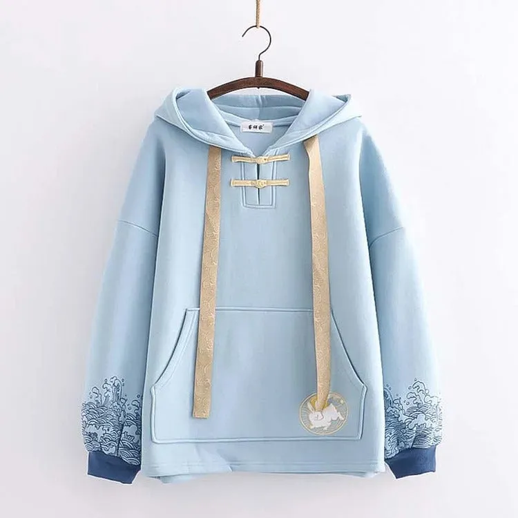 Harajuku Rabbit Hoodie - Embroidery and Wave Print Design