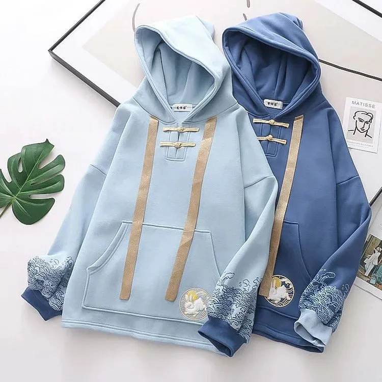 Harajuku Rabbit Hoodie - Embroidery and Wave Print Design