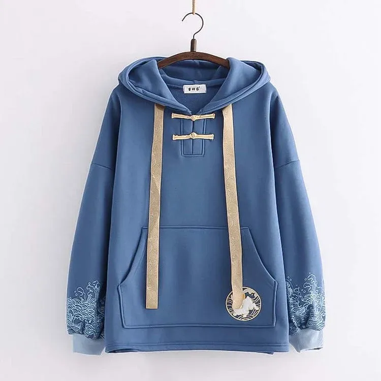 Harajuku Rabbit Hoodie - Embroidery and Wave Print Design