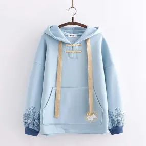 Harajuku Rabbit Hoodie - Embroidery and Wave Print Design