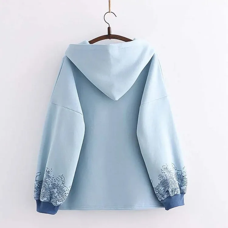 Harajuku Rabbit Hoodie - Embroidery and Wave Print Design