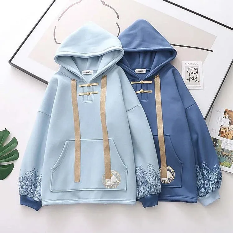 Harajuku Rabbit Hoodie - Embroidery and Wave Print Design