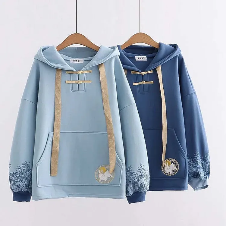 Harajuku Rabbit Hoodie - Embroidery and Wave Print Design