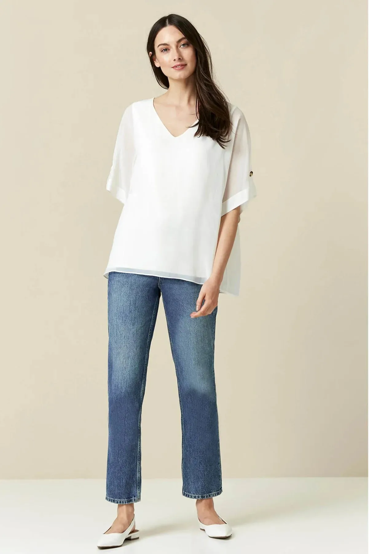 Ivory Short Sleeve V Neck Blouse