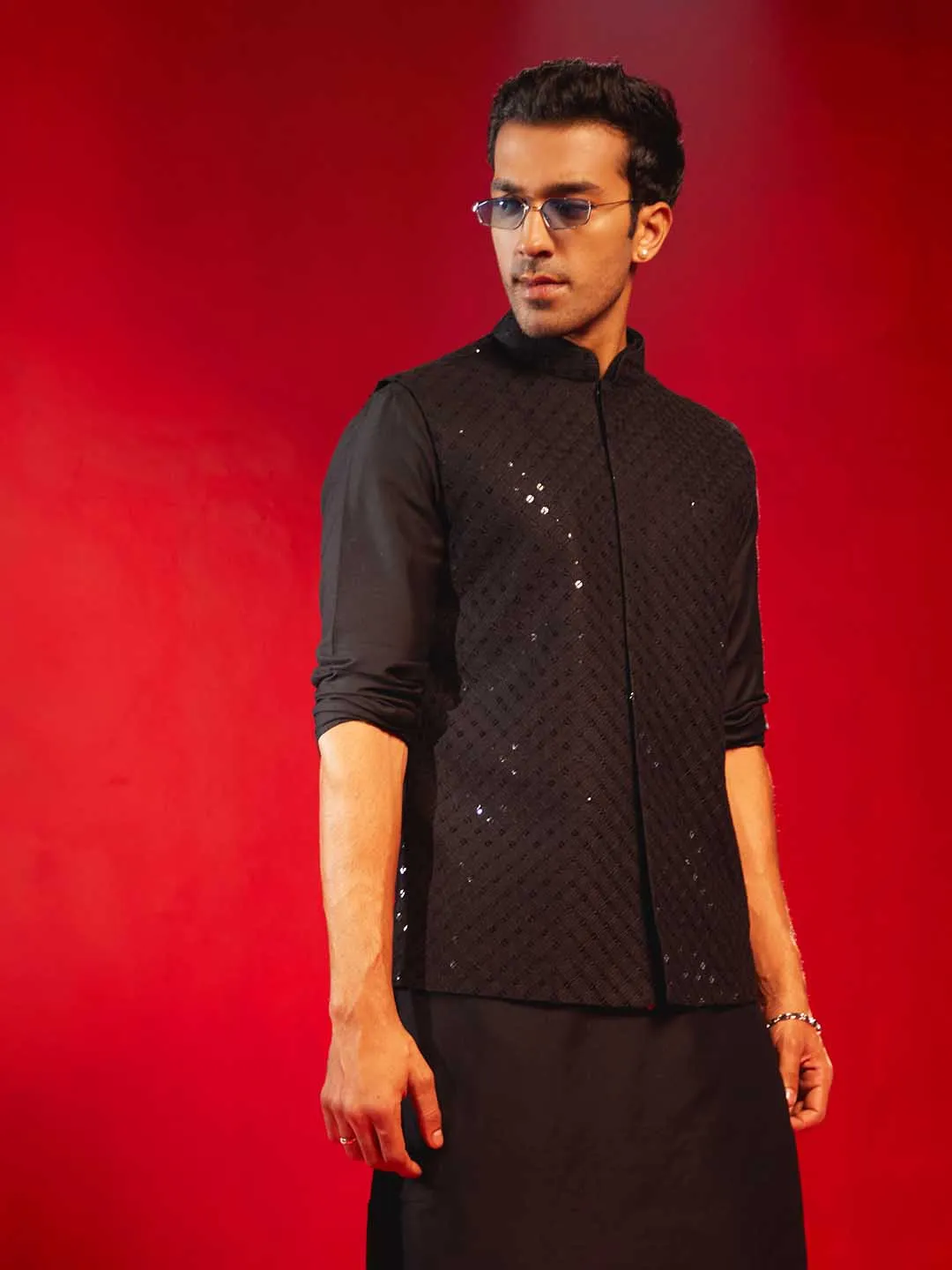 Jashvi Black Rayon Sequined Nehru Jacket