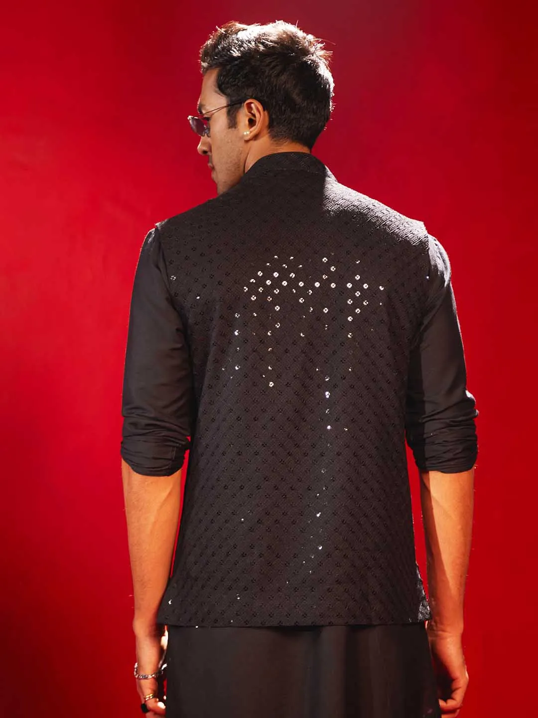 Jashvi Black Rayon Sequined Nehru Jacket