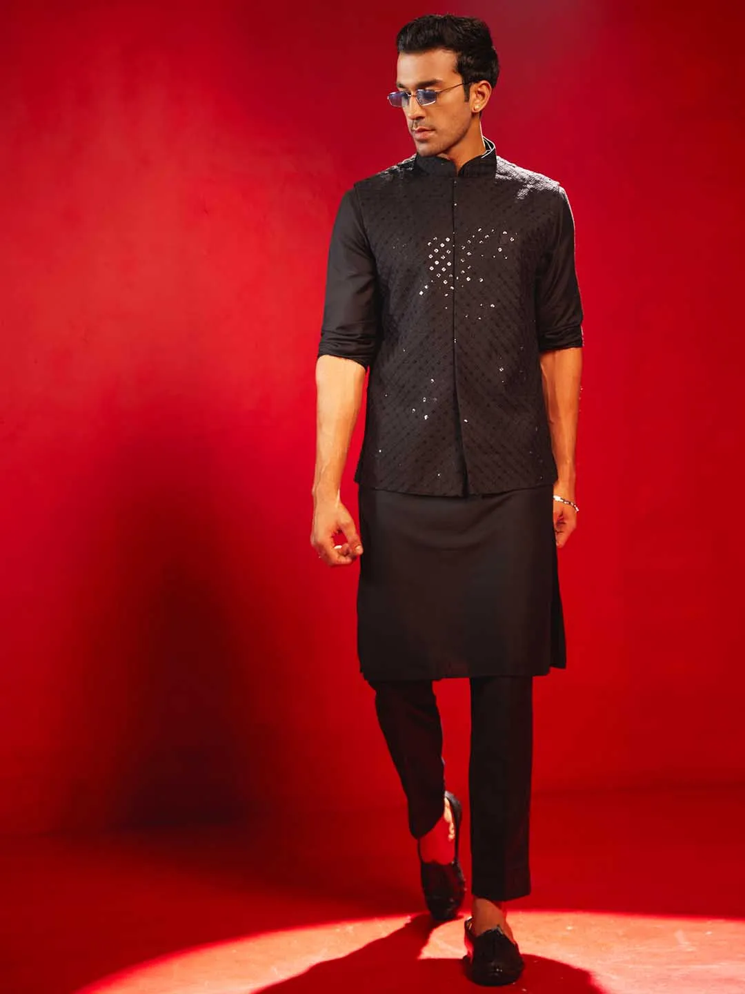 Jashvi Black Rayon Sequined Nehru Jacket