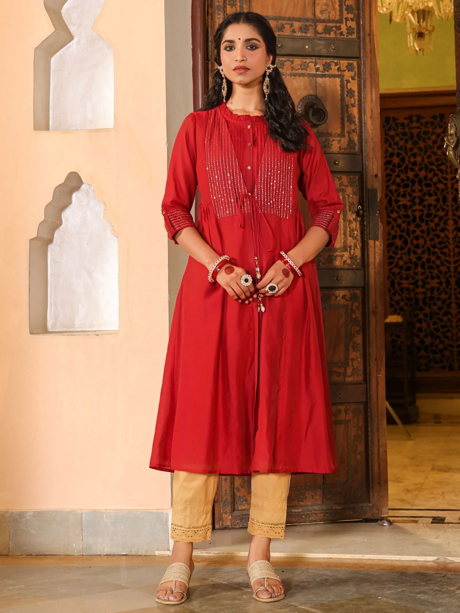 Jashvi  Maroon Stripped Print Chanderi Embroidered Jacket Style Kurta Dress With Sequins & Zari Work