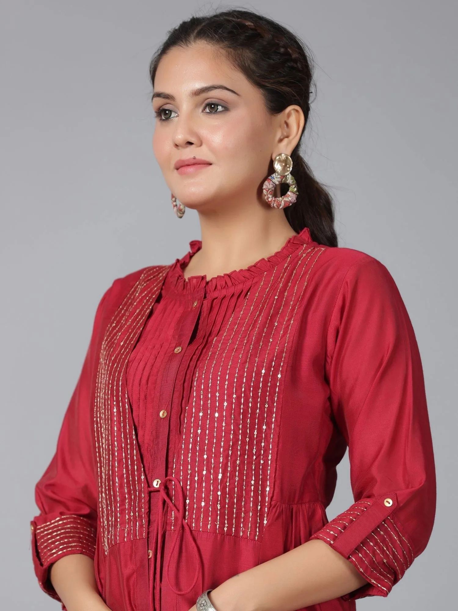 Jashvi  Maroon Stripped Print Chanderi Embroidered Jacket Style Kurta Dress With Sequins & Zari Work
