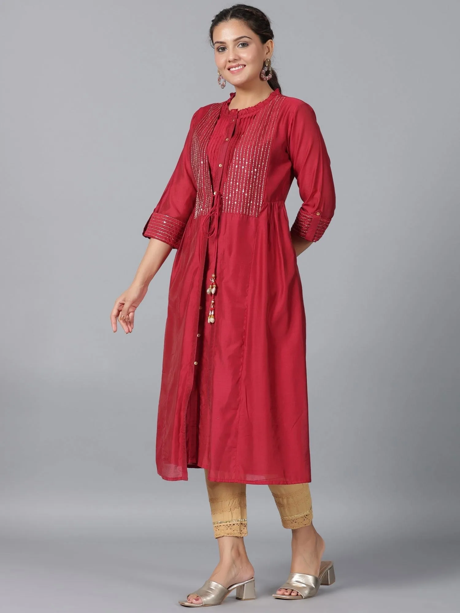 Jashvi  Maroon Stripped Print Chanderi Embroidered Jacket Style Kurta Dress With Sequins & Zari Work