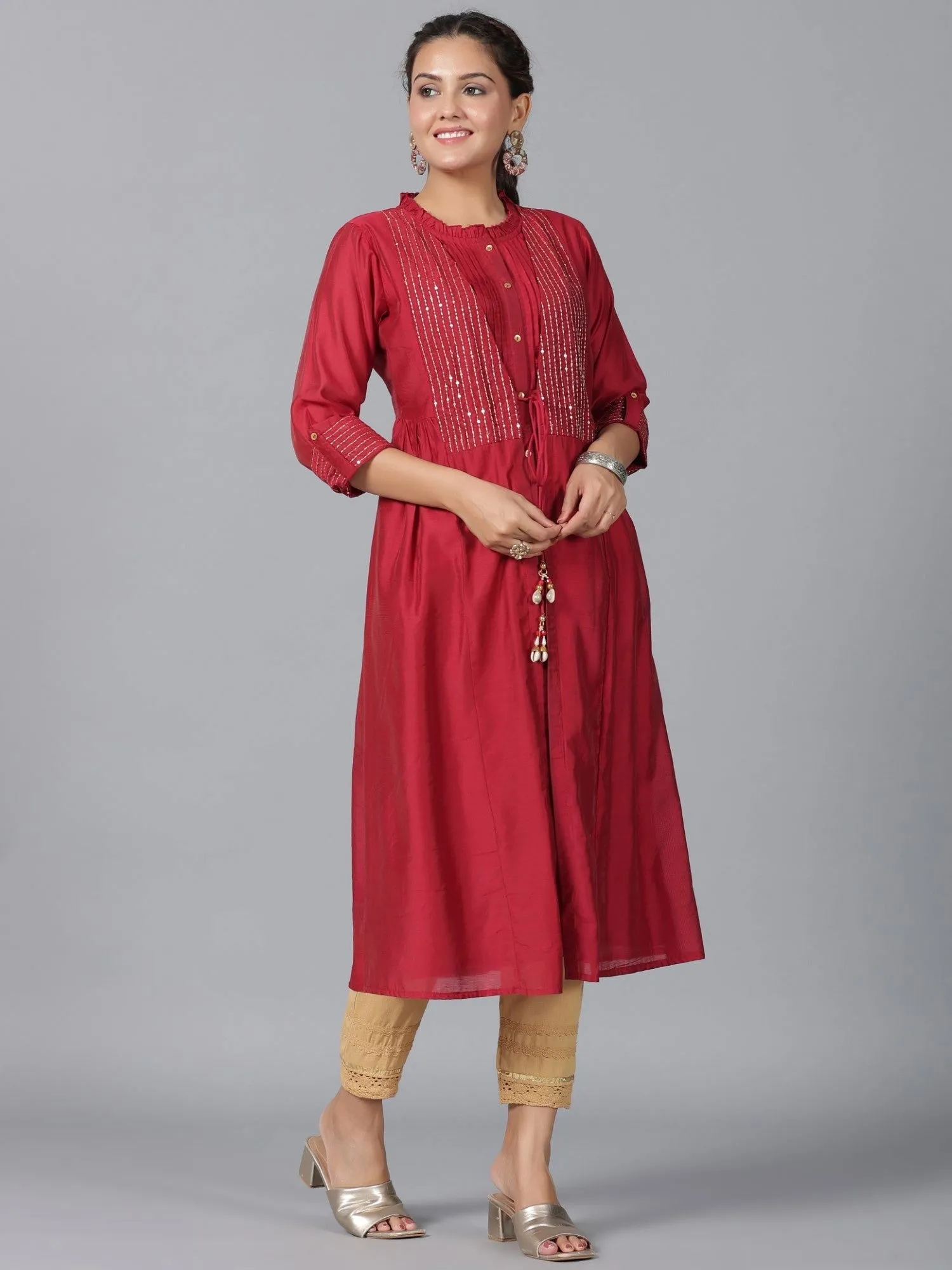Jashvi  Maroon Stripped Print Chanderi Embroidered Jacket Style Kurta Dress With Sequins & Zari Work