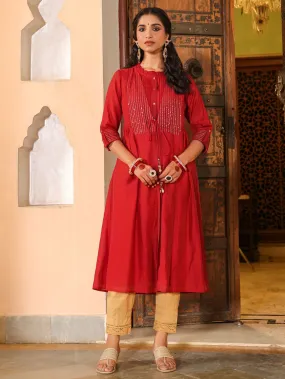 Jashvi  Maroon Stripped Print Chanderi Embroidered Jacket Style Kurta Dress With Sequins & Zari Work