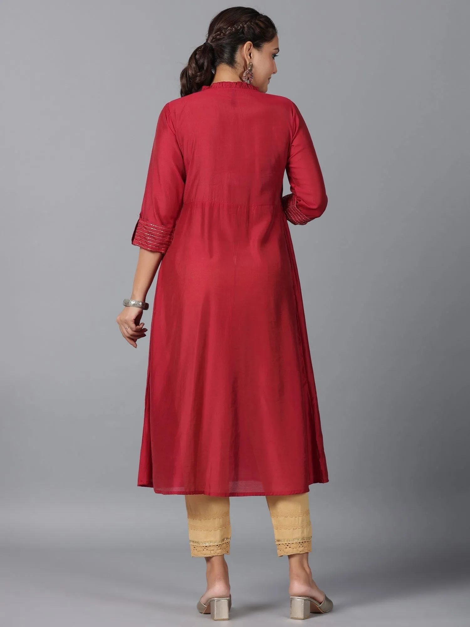 Jashvi  Maroon Stripped Print Chanderi Embroidered Jacket Style Kurta Dress With Sequins & Zari Work