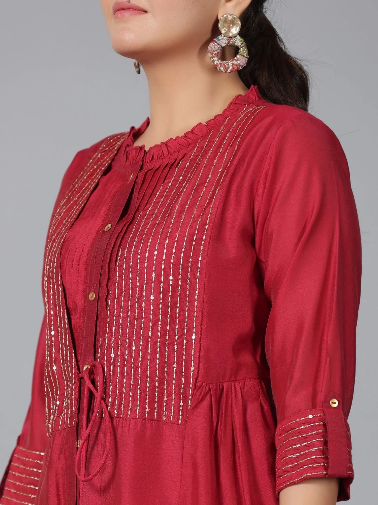 Jashvi  Maroon Stripped Print Chanderi Embroidered Jacket Style Kurta Dress With Sequins & Zari Work