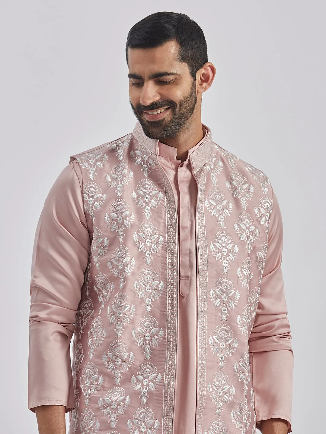 Jashvi Men's Beige And Cream Silk Blend Jacket, Kurta and Pyjama Set
