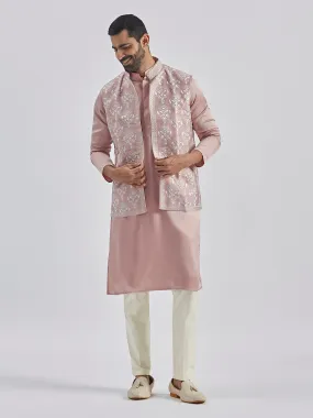 Jashvi Men's Beige And Cream Silk Blend Jacket, Kurta and Pyjama Set