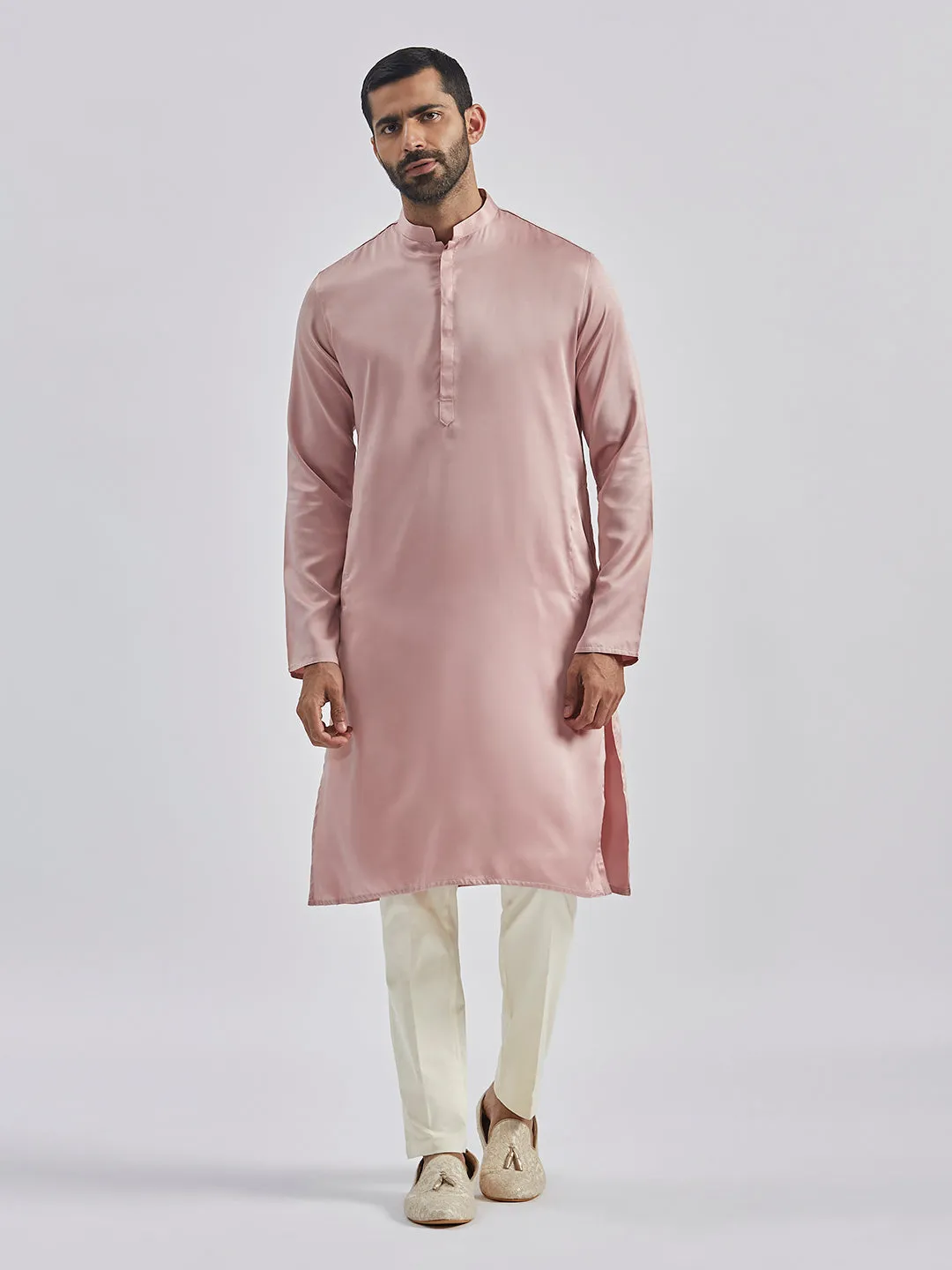 Jashvi Men's Beige And Cream Silk Blend Jacket, Kurta and Pyjama Set