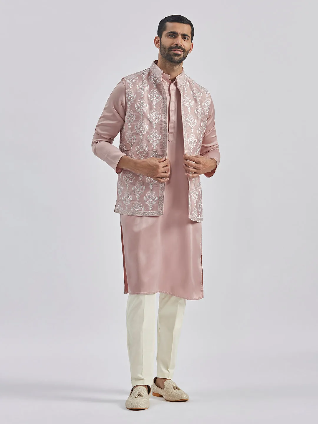 Jashvi Men's Beige And Cream Silk Blend Jacket, Kurta and Pyjama Set