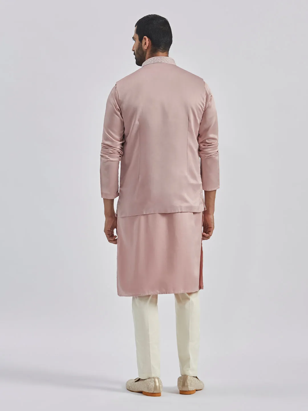 Jashvi Men's Beige And Cream Silk Blend Jacket, Kurta and Pyjama Set