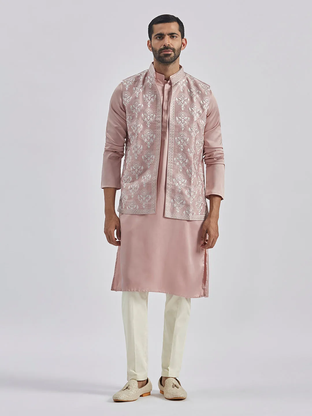 Jashvi Men's Beige And Cream Silk Blend Jacket, Kurta and Pyjama Set