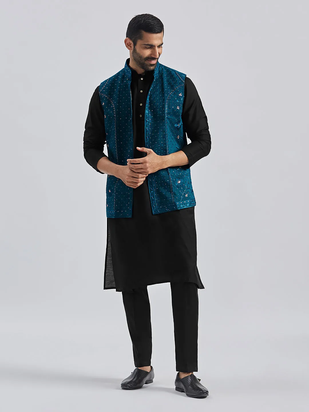 Jashvi Men's Black And Turquoise Viscose Jacket, Kurta and Pyjama Set
