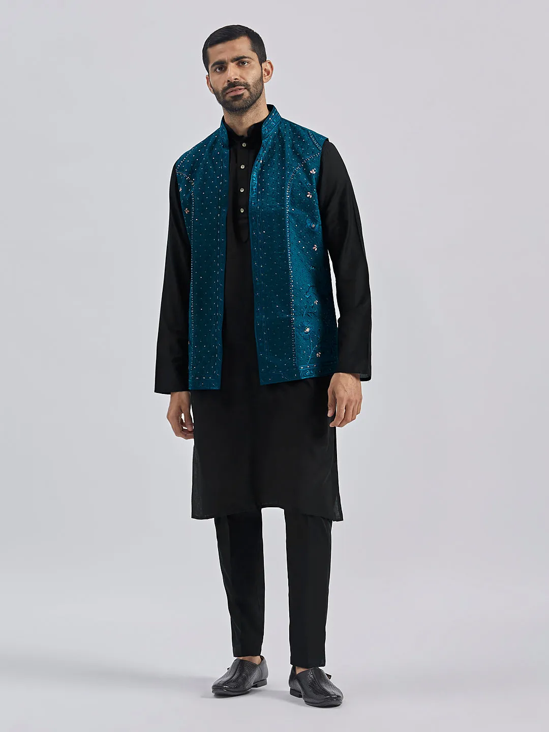 Jashvi Men's Black And Turquoise Viscose Jacket, Kurta and Pyjama Set
