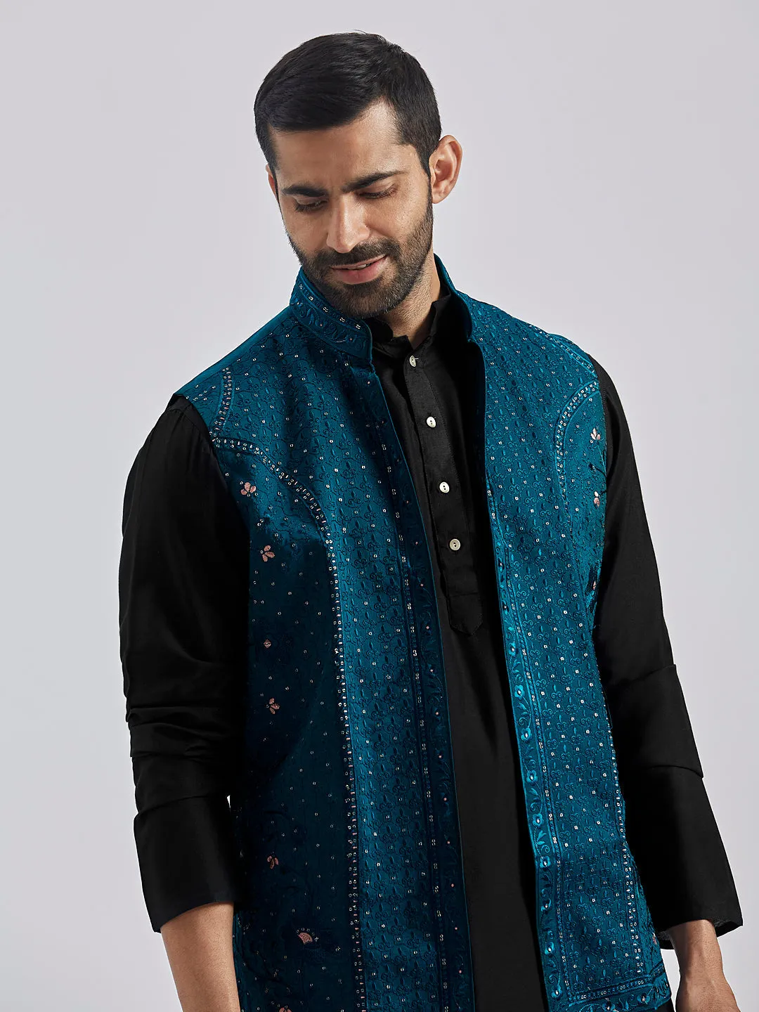 Jashvi Men's Black And Turquoise Viscose Jacket, Kurta and Pyjama Set
