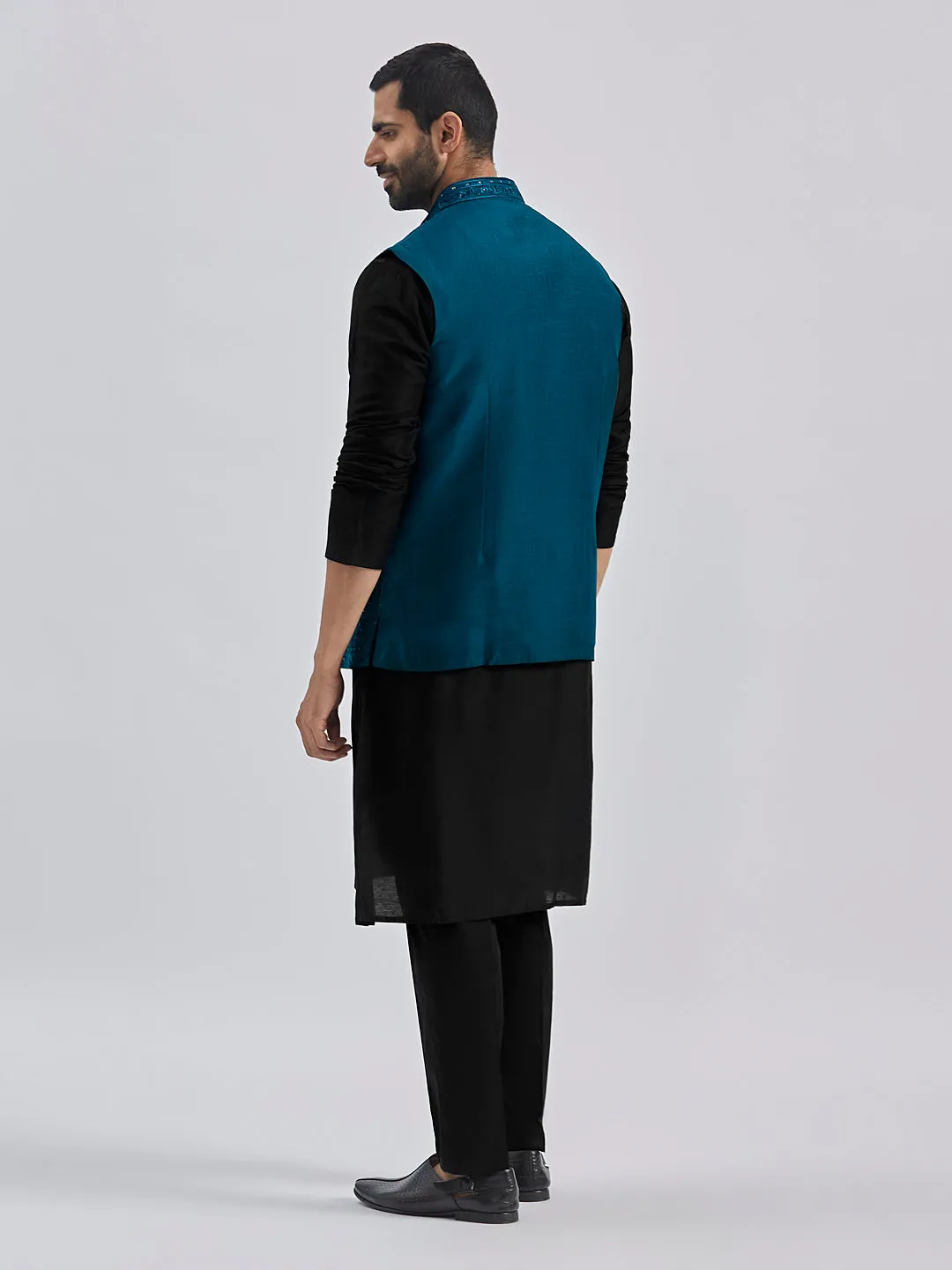Jashvi Men's Black And Turquoise Viscose Jacket, Kurta and Pyjama Set