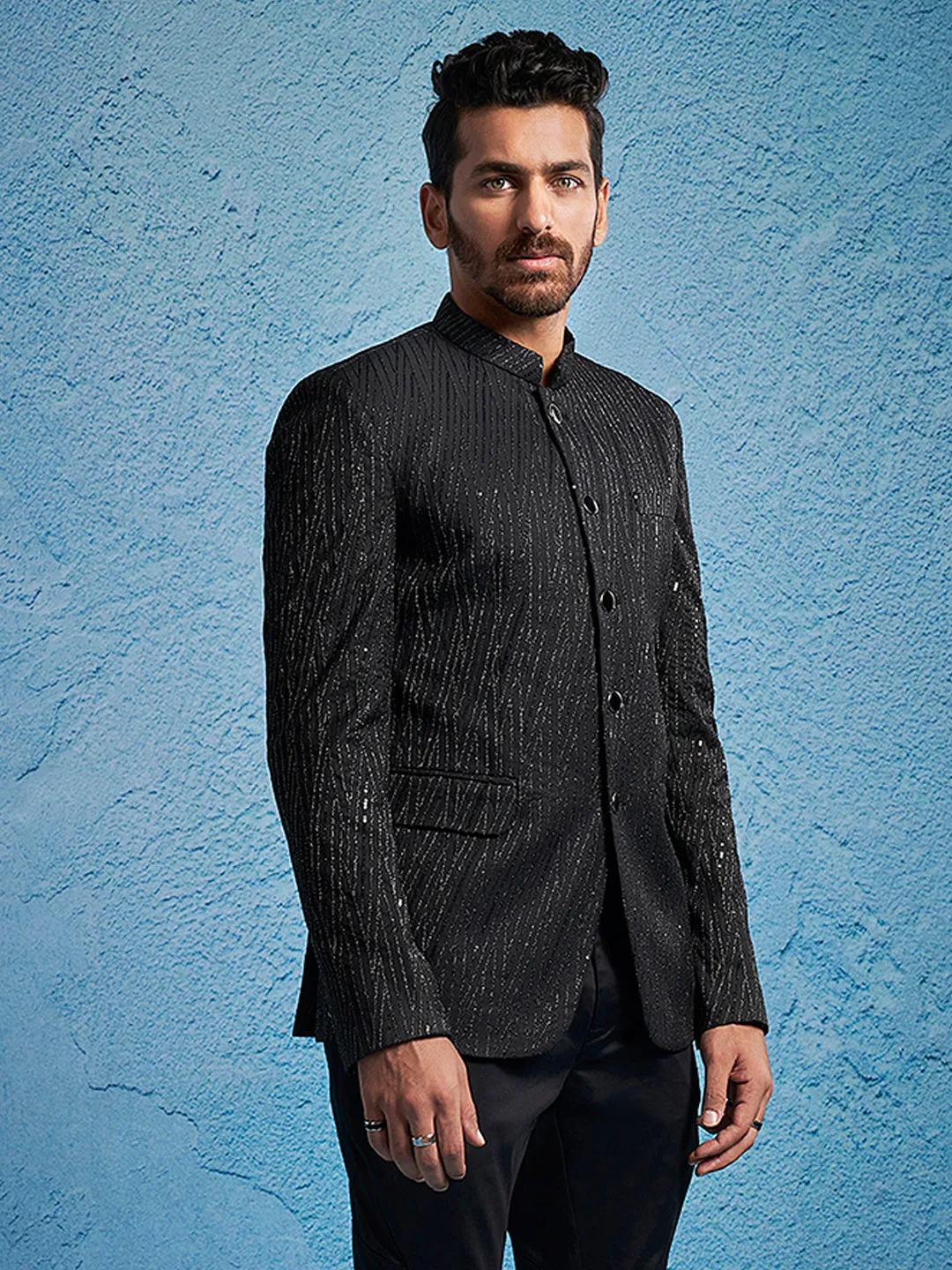 Jashvi Men's Black Sequined Jodhpuri