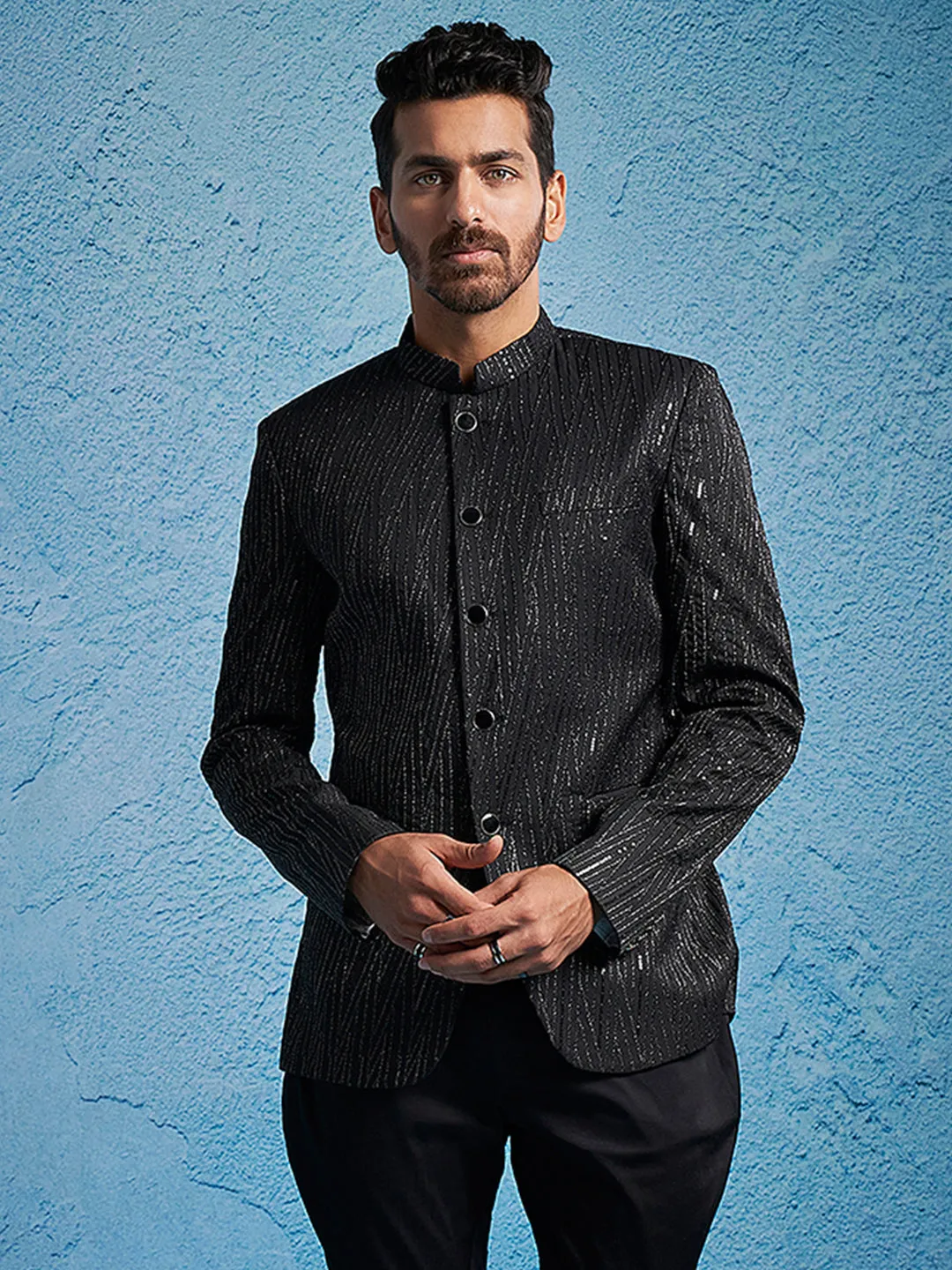 Jashvi Men's Black Sequined Jodhpuri