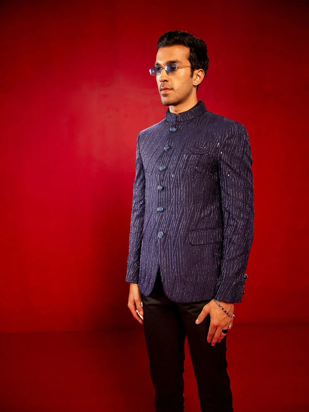 Jashvi Men's Navy Blue Sequined Jodhpuri