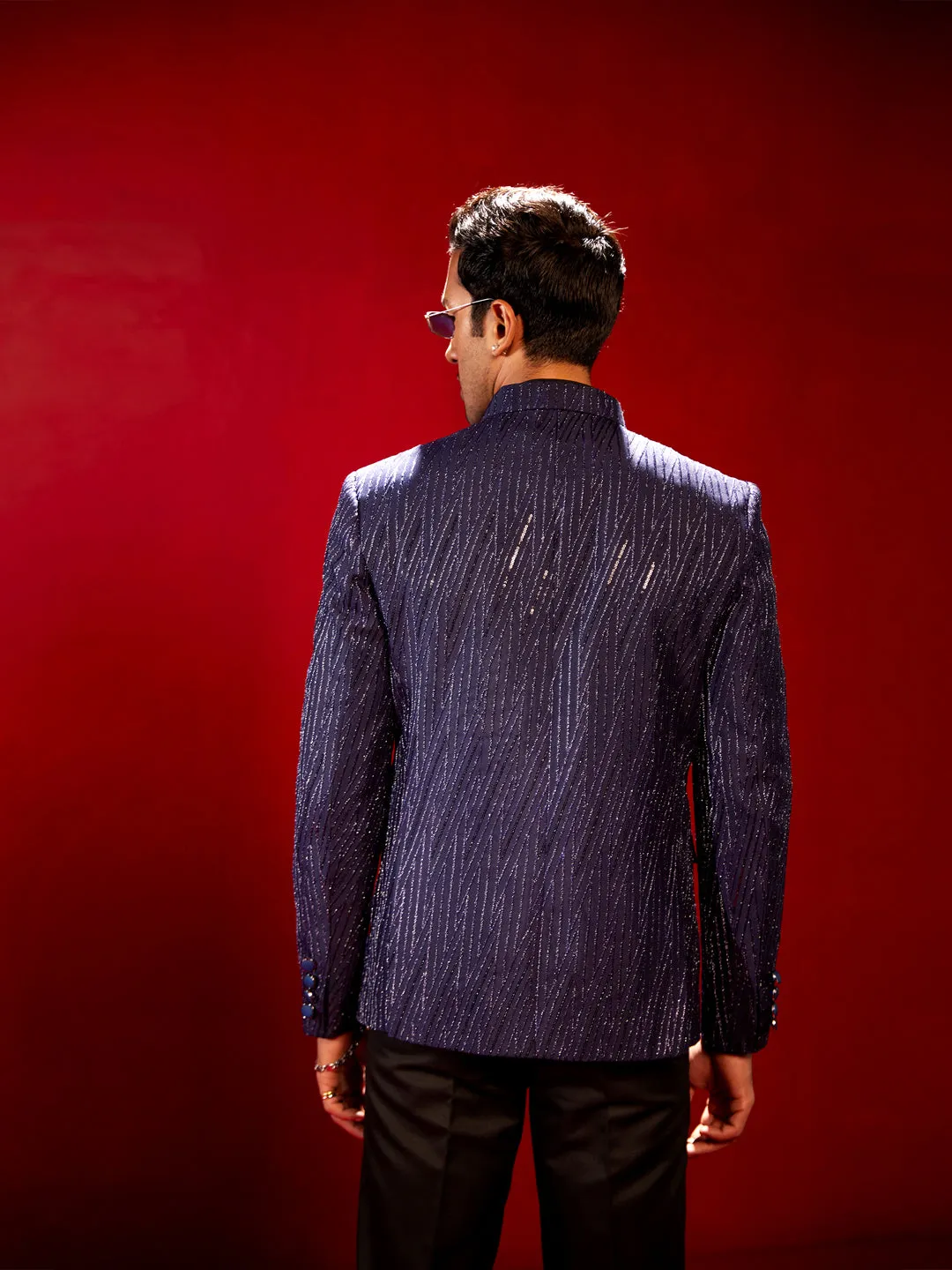 Jashvi Men's Navy Blue Sequined Jodhpuri