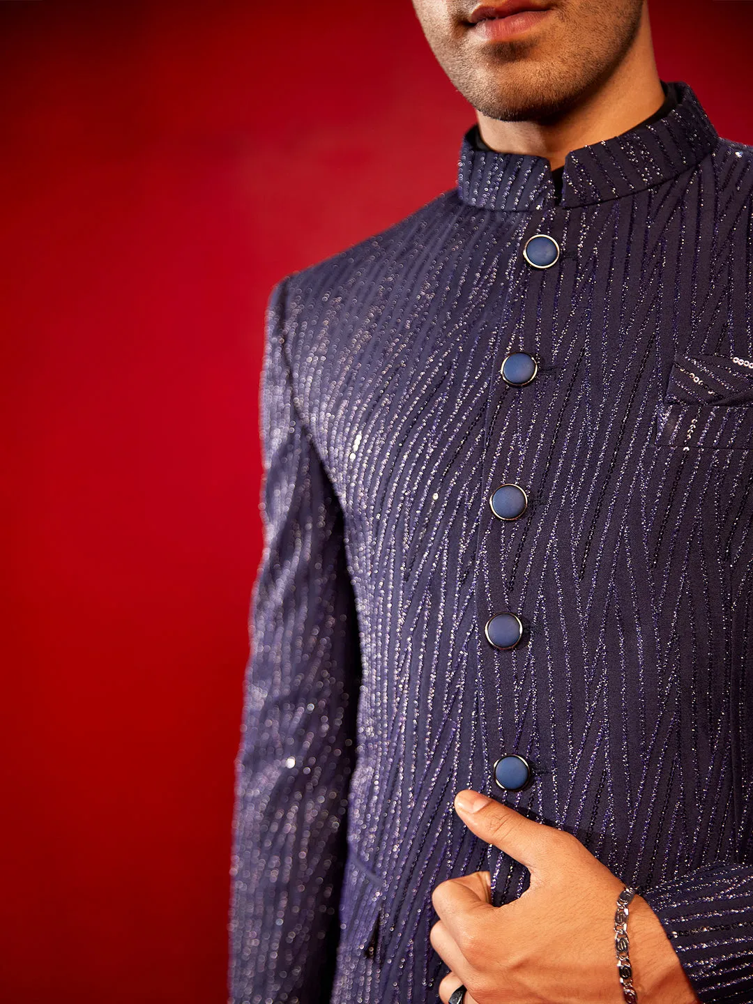 Jashvi Men's Navy Blue Sequined Jodhpuri