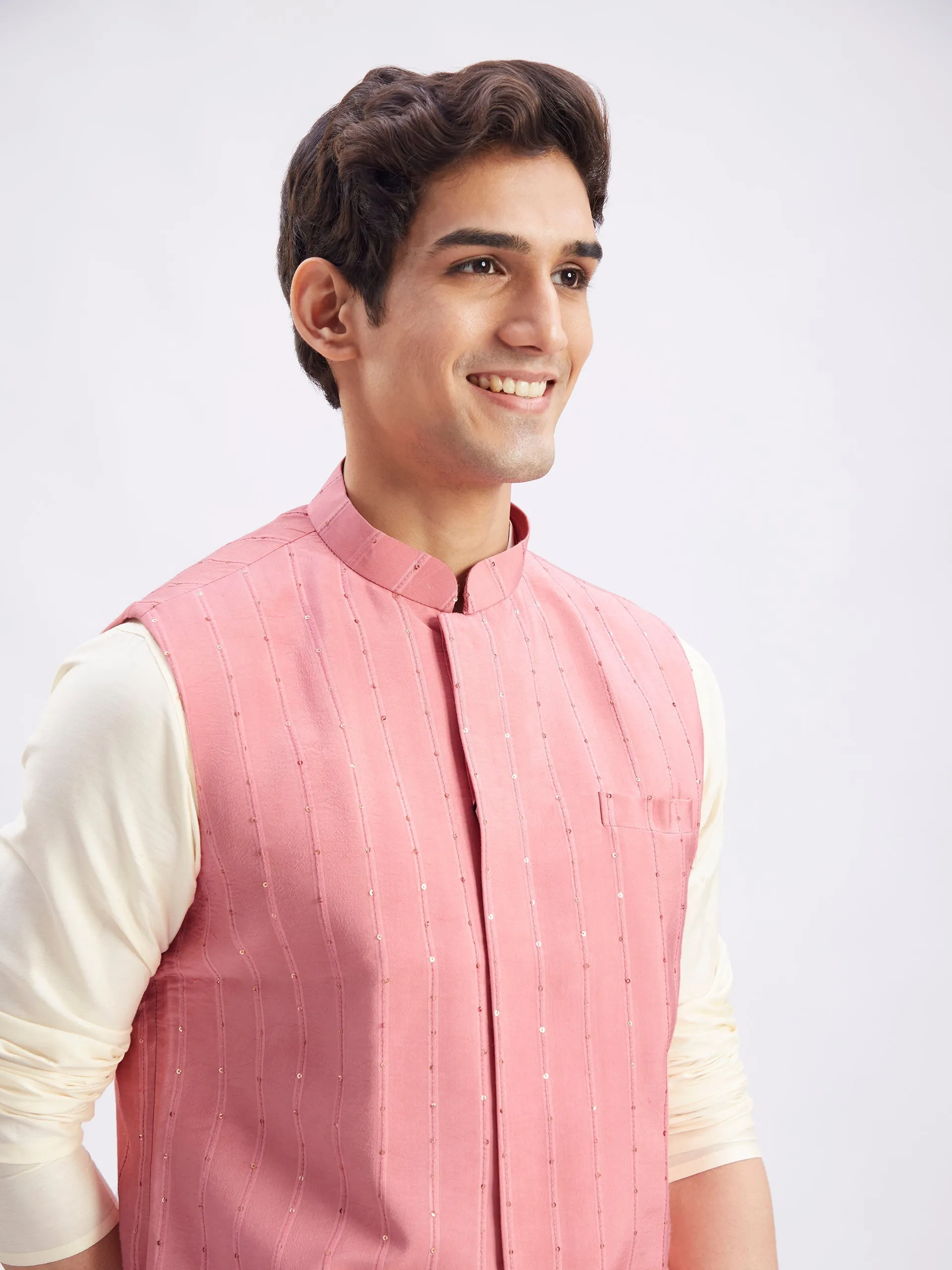 Jashvi Men's Purple Sequined Ethnic Jacket With Cream Kurta And Viscose Pant Set