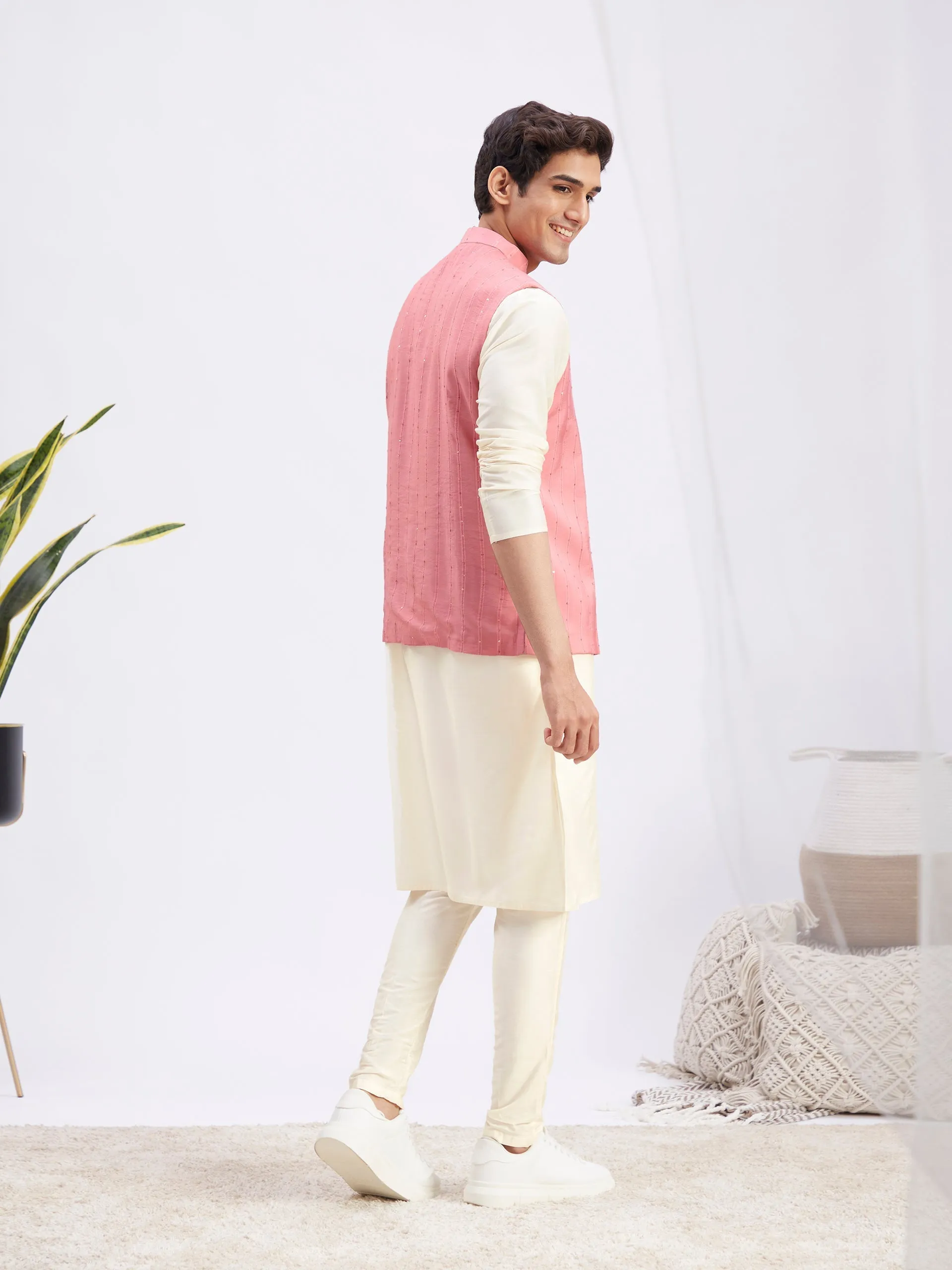 Jashvi Men's Purple Sequined Ethnic Jacket With Cream Kurta And Viscose Pant Set