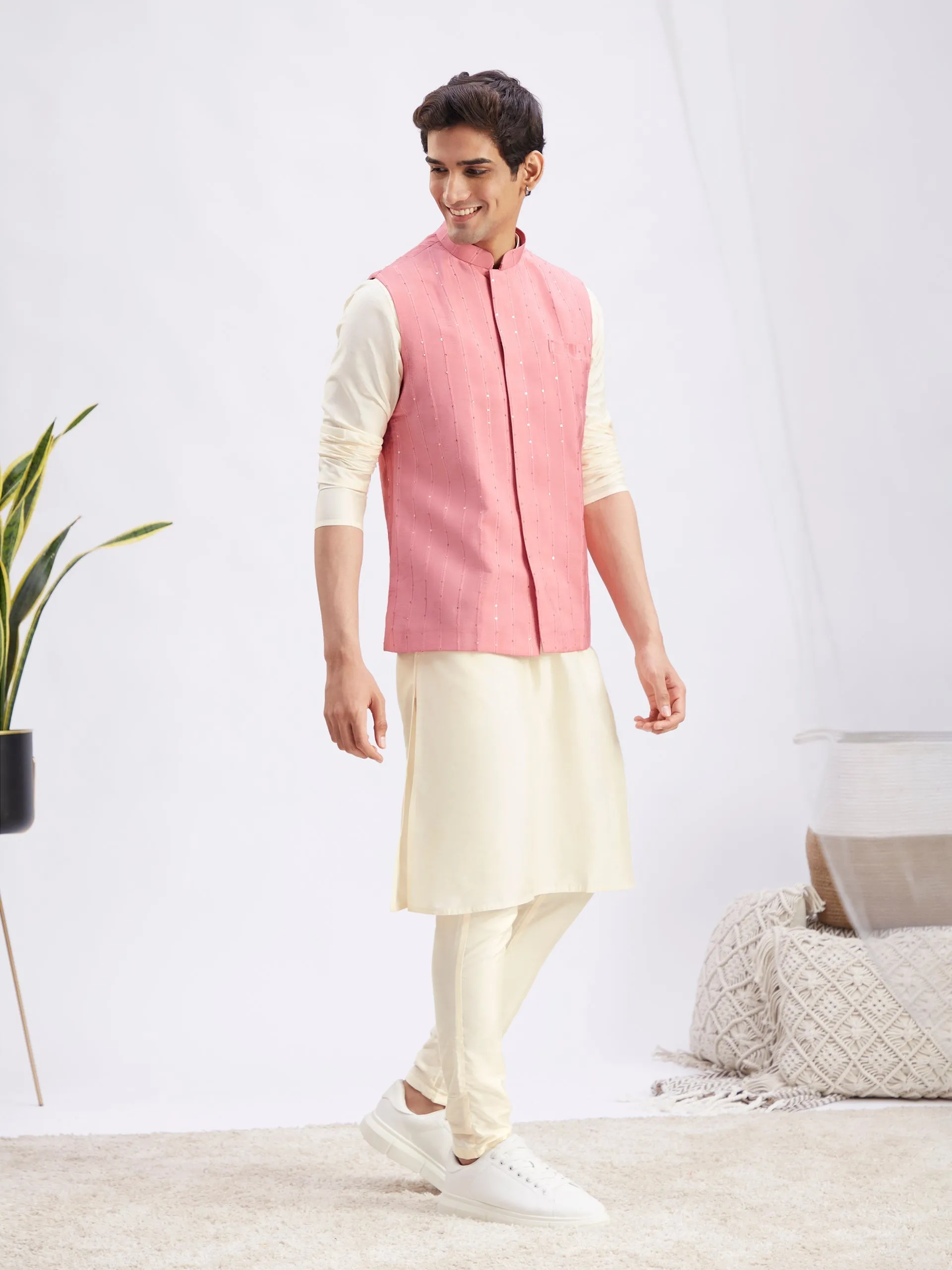 Jashvi Men's Purple Sequined Ethnic Jacket With Cream Kurta And Viscose Pant Set