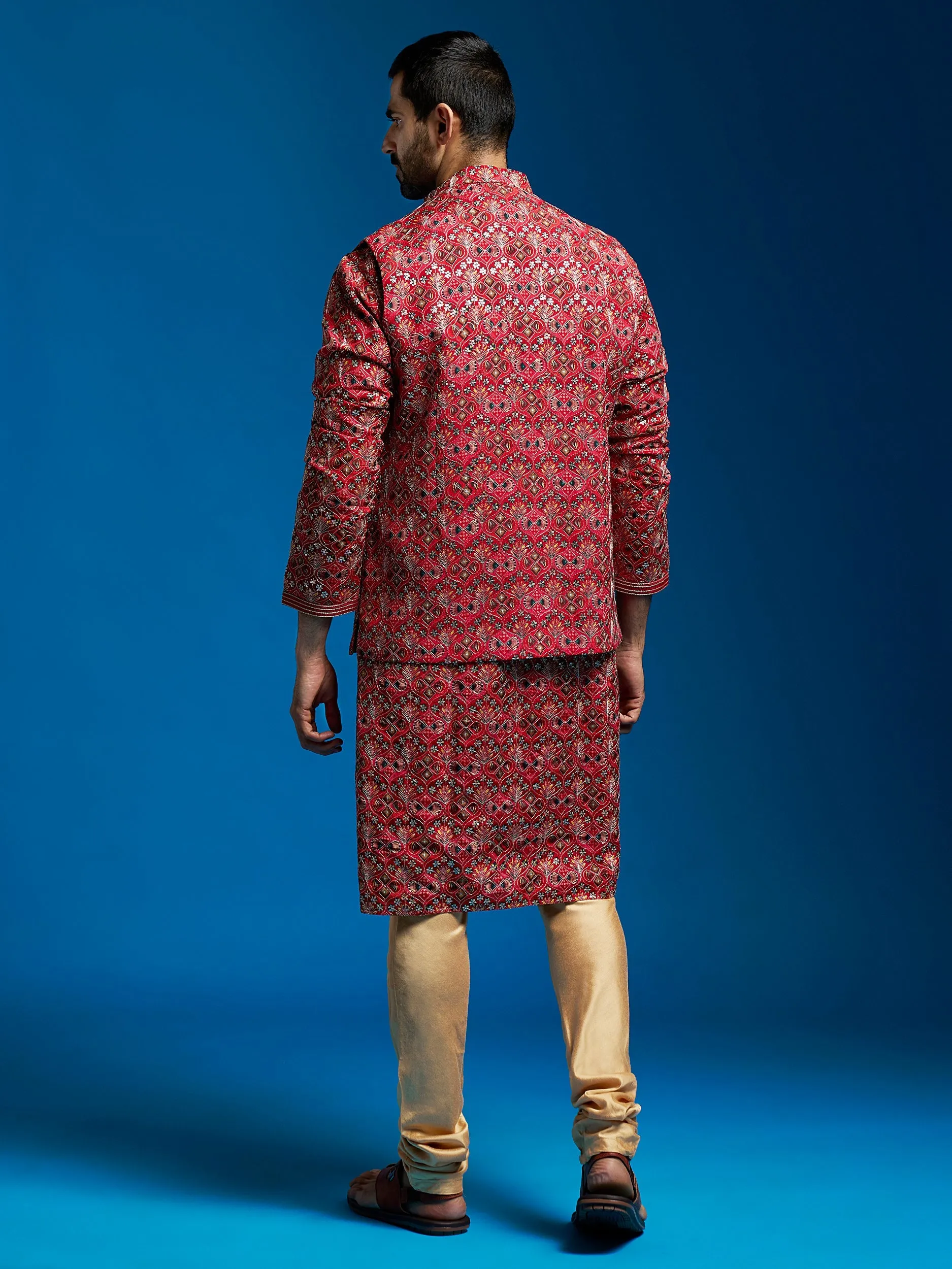 Jashvi Men's Red Chinon Jacket,Kurta And Pyjama Set.